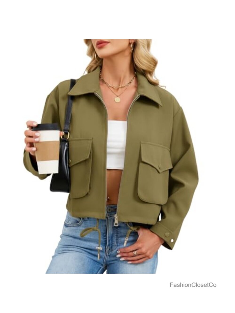 Cropped Bomber Jacket Lightweight Zip Up Utility Coat Pockets